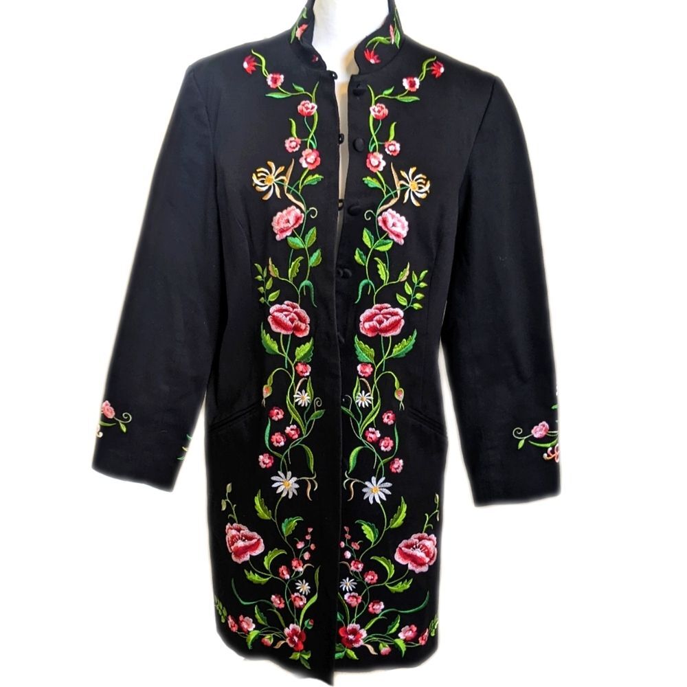 Victor Costa Occasion black cotton blend long coat, button front, embroidery M